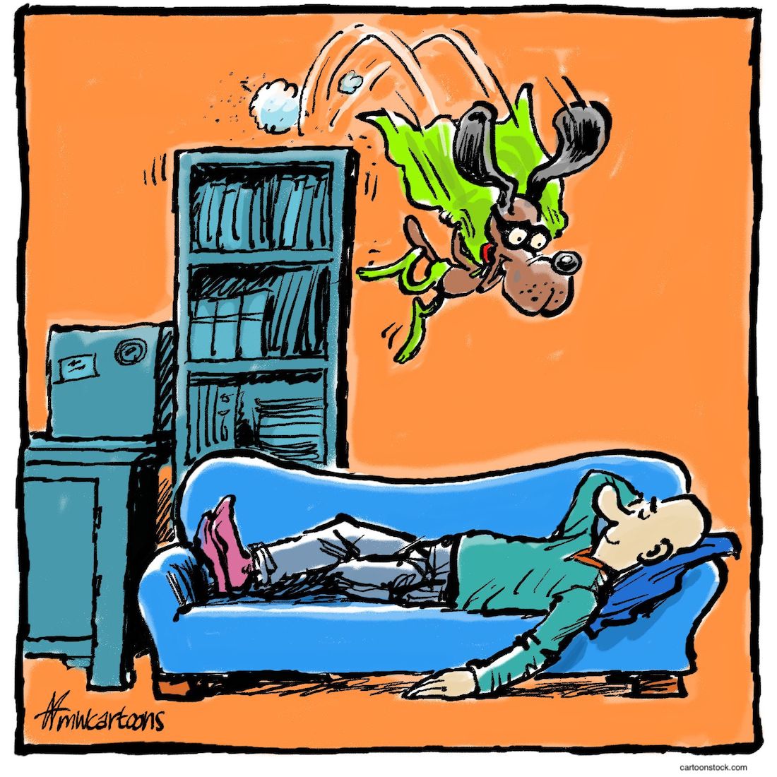 Cartoon of a dog in a green cape leaping off a blue couch where a man in green lies, against an orange background