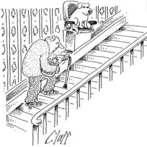 Black and white cartoon of an elderly man climbing stairs with a cane and a dog sitting on an elevated armchair