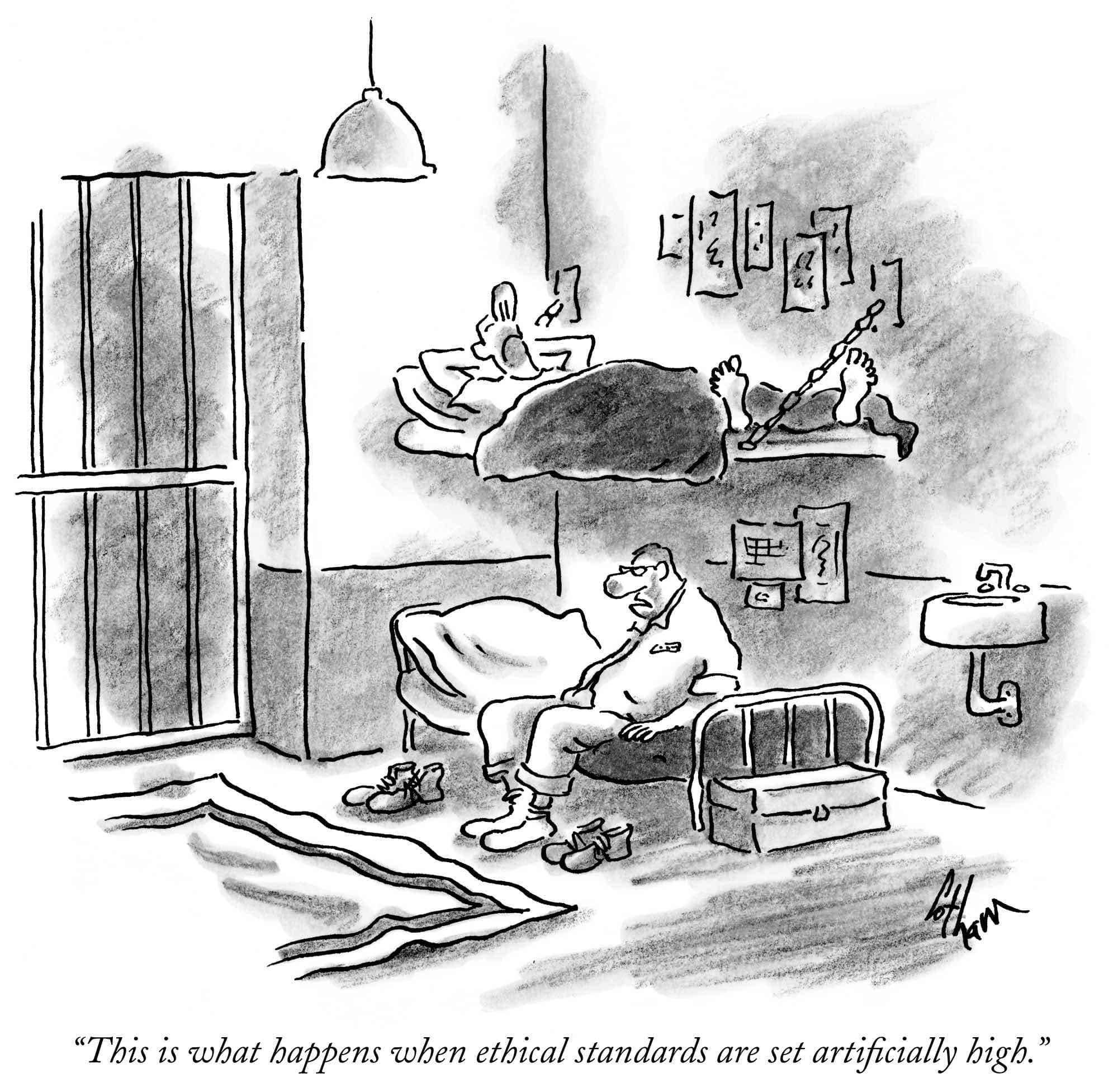 Black and white cartoon of two prisoners in a cell, one chained on upper bunk, caption on ethics