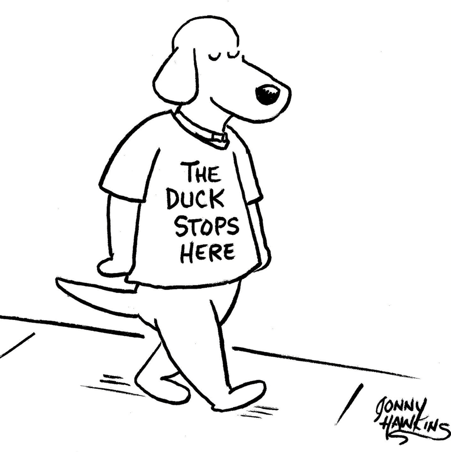 Cartoon dog walking with eyes closed wearing a shirt that says 'The Duck Stops Here'