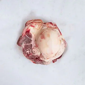 Close-up of a knuckle end beef bone with visible marrow and meat on a light background